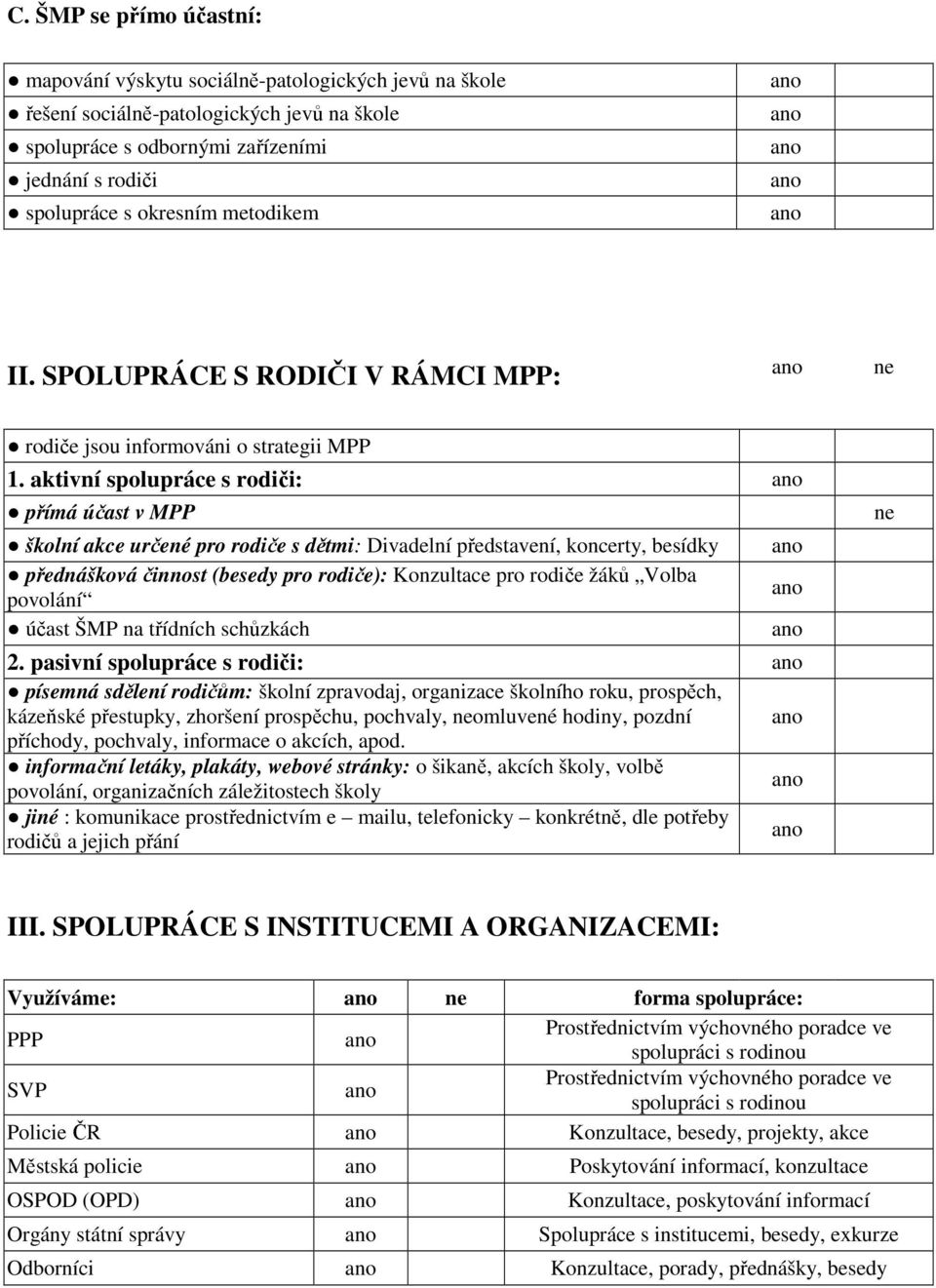 aktivní spolupráce s rodiči: přímá účast v MPP školní akce určené pro rodiče s dětmi: Divadelní představení, koncerty, besídky přednášková činnost (besedy pro rodiče): Konzultace pro rodiče žáků