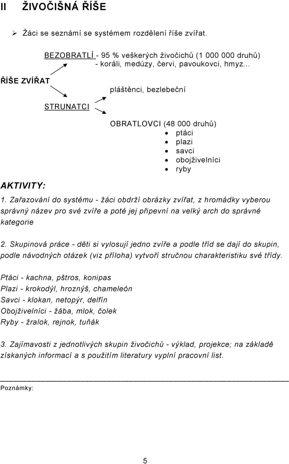 Zařazování do systému - žáci obdrží obrázky zvířat, z hromádky vyberou správný název pro své zvíře a poté jej připevní na velký arch do správné kategorie 2.