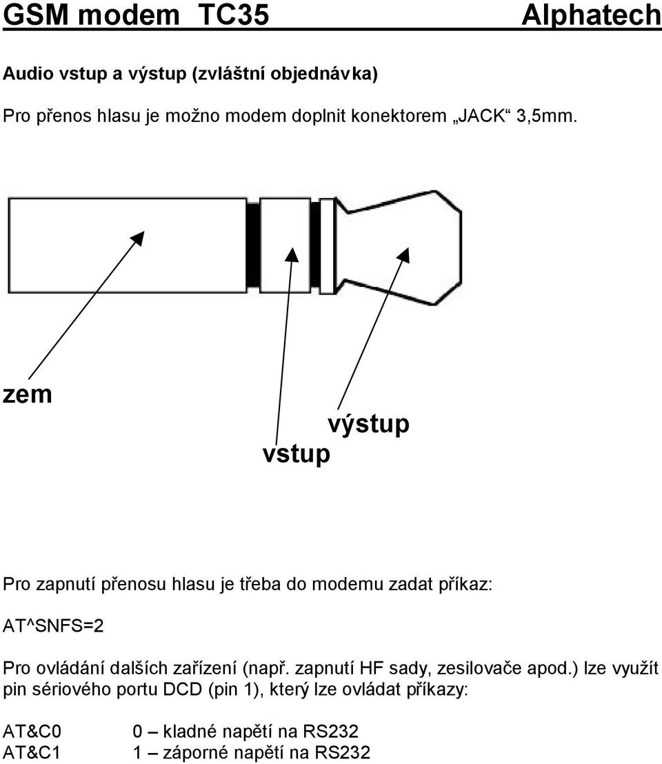 zem výstup vstup Pro zapnutí přenosu hlasu je třeba do modemu zadat příkaz: AT^SNFS=2 Pro ovládání