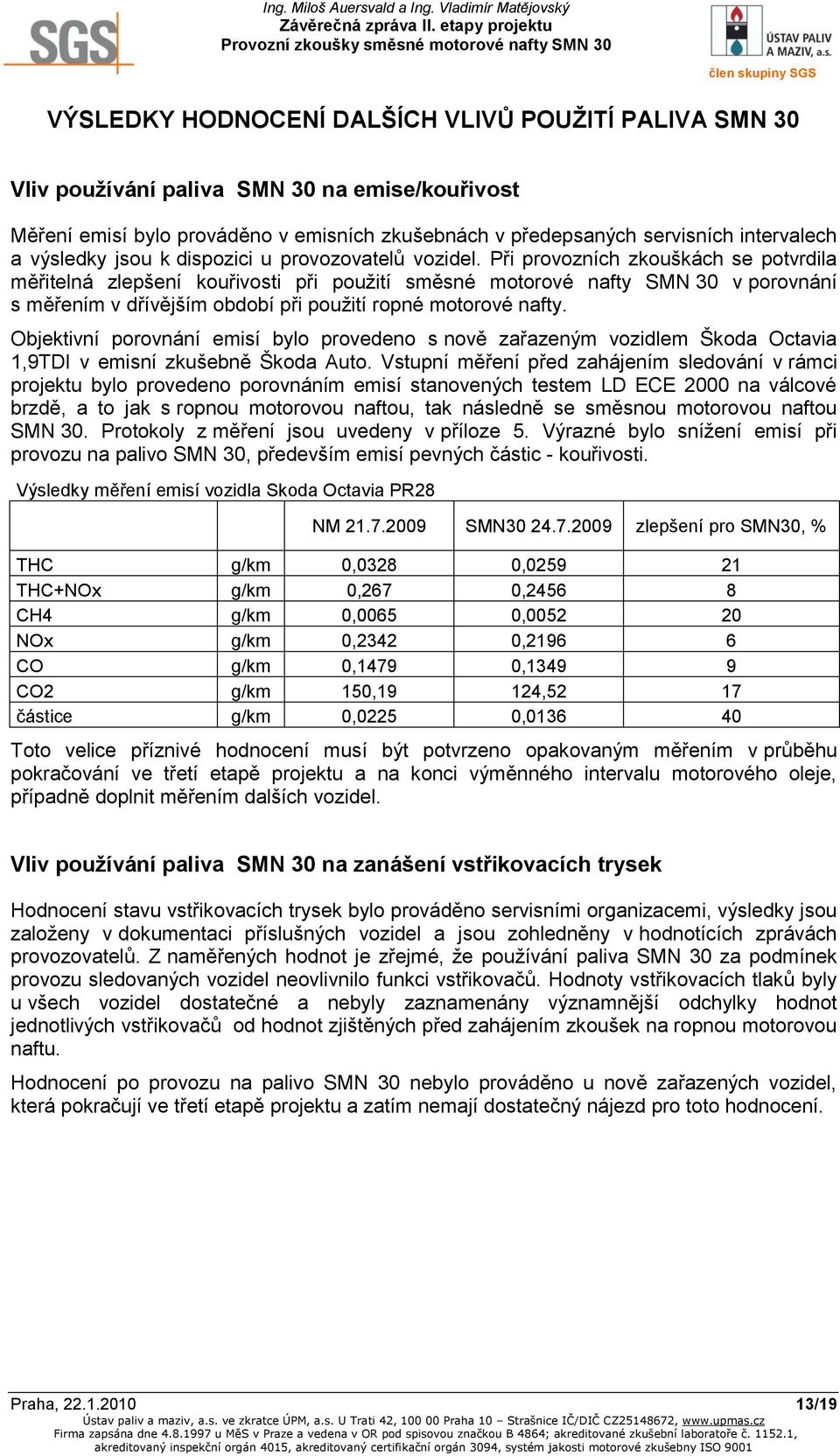 Při provozních zkouškách se potvrdila měřitelná zlepšení kouřivosti při použití směsné motorové nafty SMN 30 v porovnání s měřením v dřívějším období při použití ropné motorové nafty.