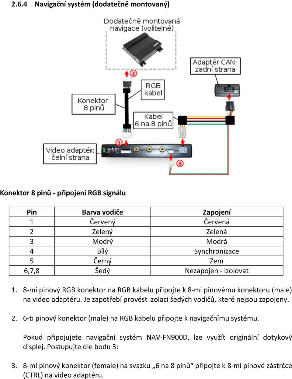 Je zapotřebí provést izolaci šedých vodičů, které nejsou zapojeny. 2. 6-ti pinový konektor (male) na RGB kabelu připojte k navigačnímu systému.