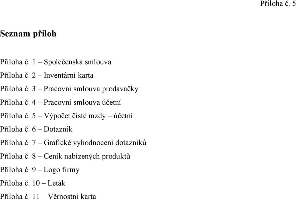 4 Pracovní smlouva účetní Příloha č. 5 Výpočet čisté mzdy účetní Příloha č. 6 Dotazník Příloha č.