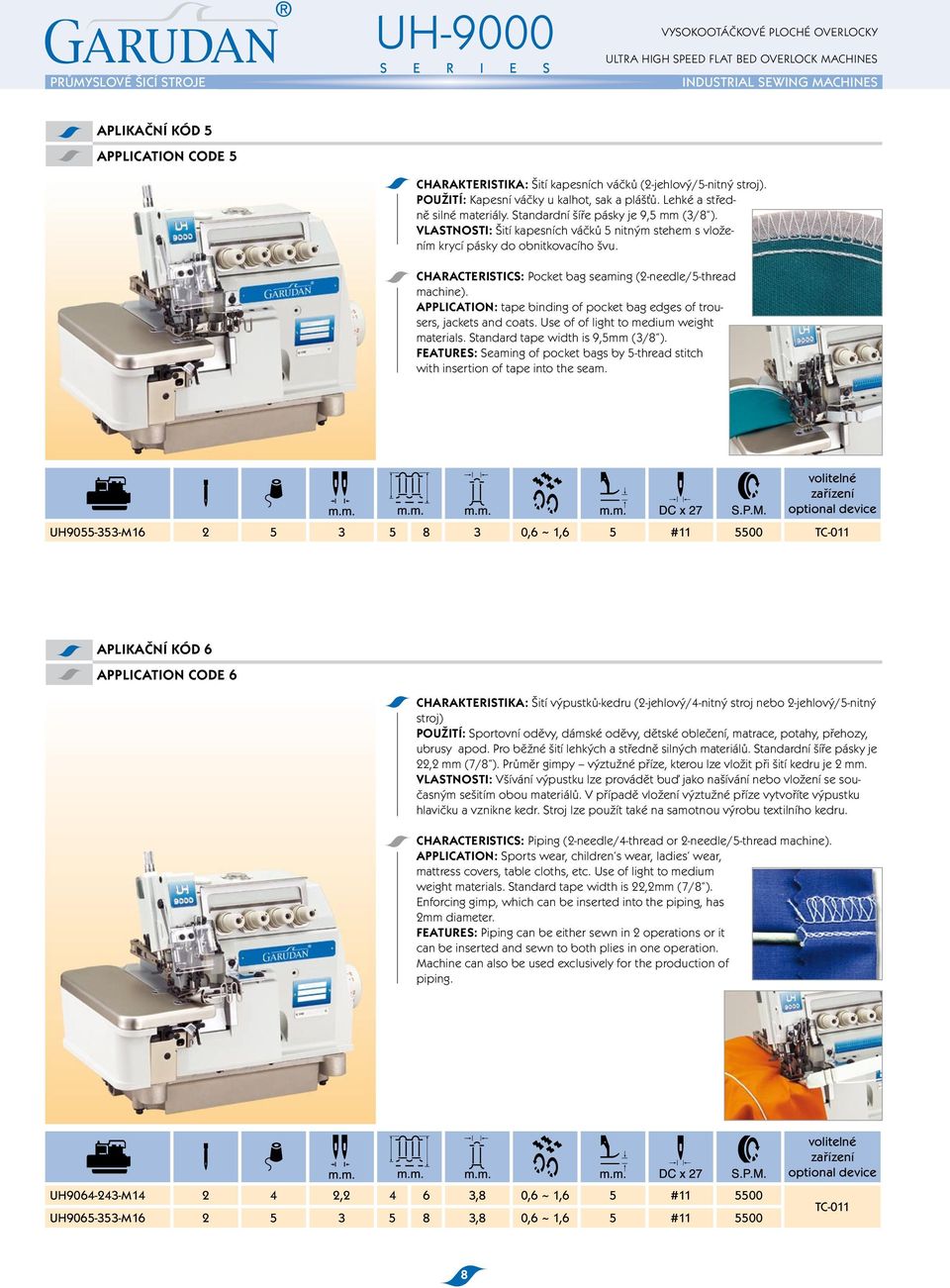 VLASTNOSTI: Šití kapesních váčků 5 nitným stehem s vložením krycí pásky do obnitkovacího švu. characteristics: pocket bag seaming (2-needle/5-thread machine).