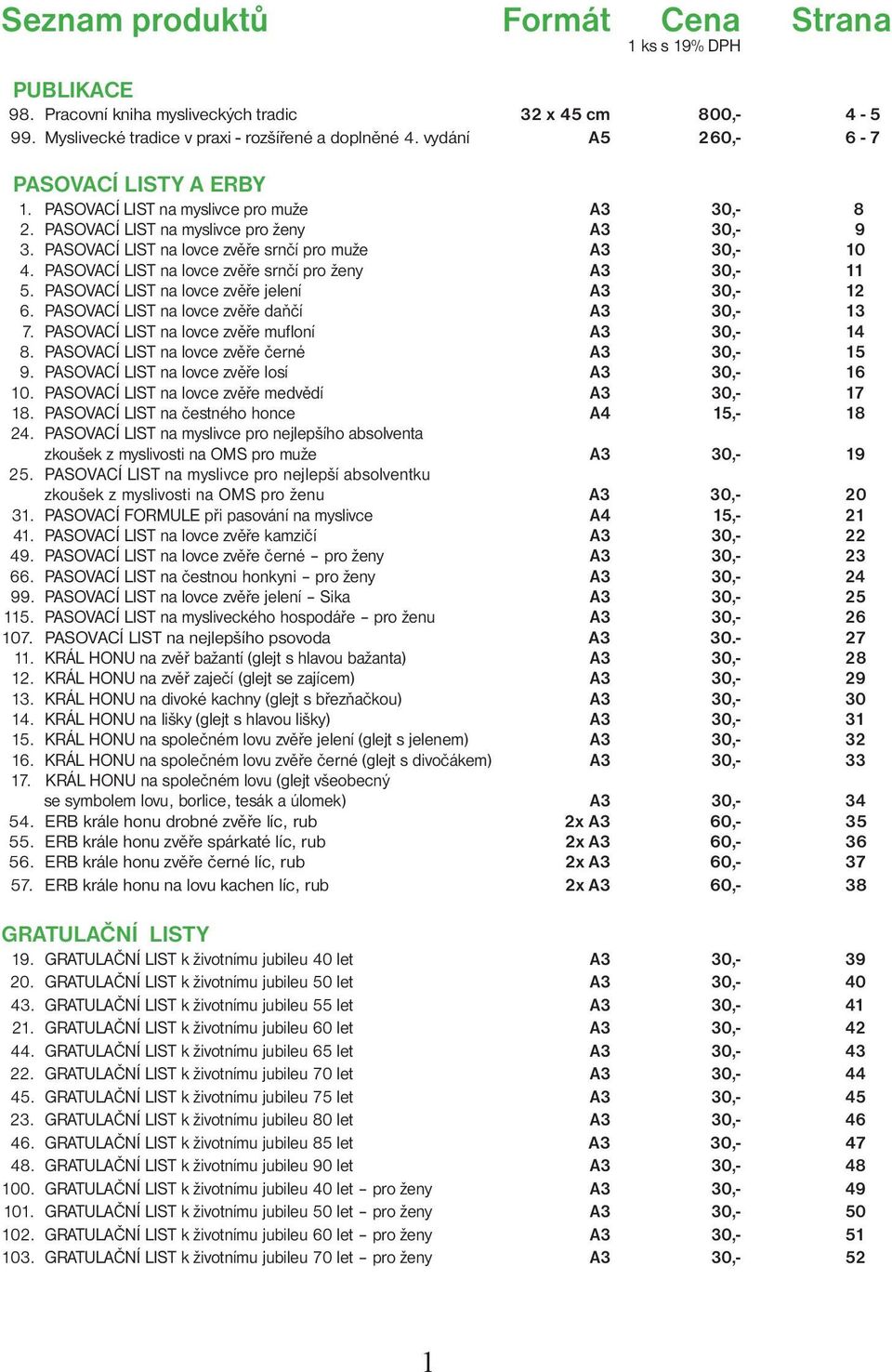 PASOVACÍ LIST na lovce zvěře srnčí pro ženy A 0,- 5. PASOVACÍ LIST na lovce zvěře jelení A 0,- 6. PASOVACÍ LIST na lovce zvěře daňčí A 0,- 7. PASOVACÍ LIST na lovce zvěře mufloní A 0,- 4 8.