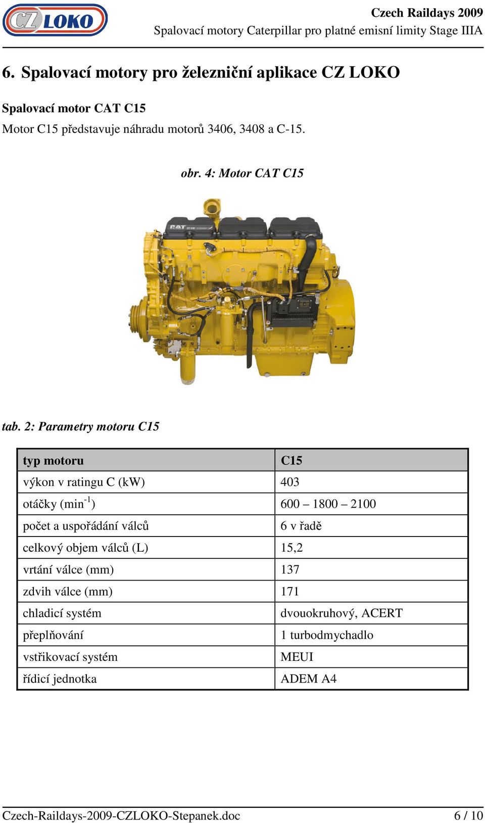 2: Parametry motoru C15 typ motoru C15 výkon v ratingu C (kw) 403 otáčky (min -1 ) 600 1800 2100 počet a uspořádání válců 6 v řadě