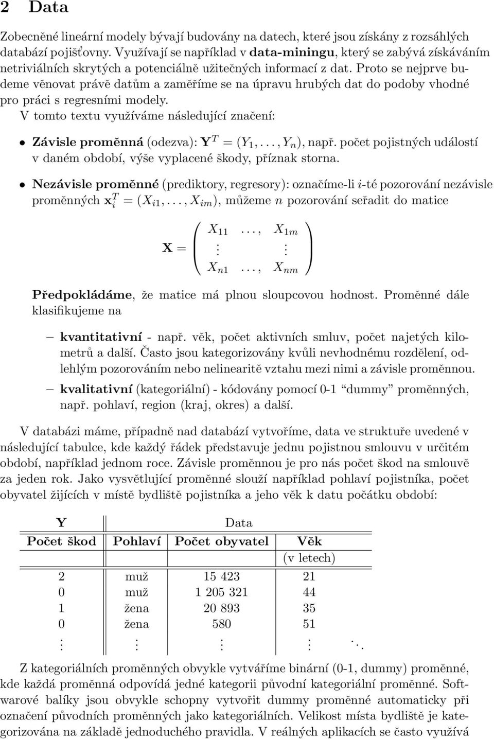 využíváme následující značení: Závisle proměnná(odezva):y T = (Y 1,,Y n ),napřpočetpojistnýchudálostí v daném období, výše vyplacené škody, příznak storna Nezávisle proměnné(prediktory, regresory):