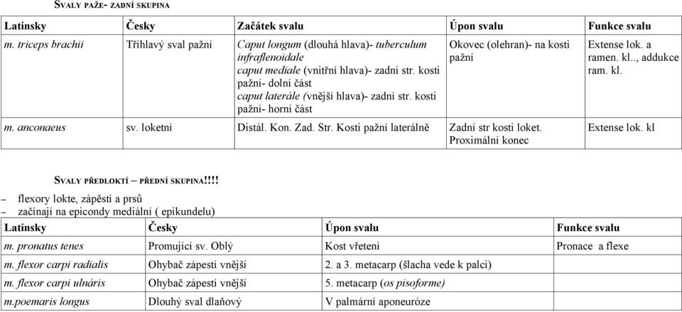 Kosti pažní laterálně Zadní str kosti loket. Proximální konec Extense lok. a ramen. kl.., addukce ram. kl. Extense lok. kl SVALY PŘEDLOKTÍ PŘEDNÍ SKUPINA!