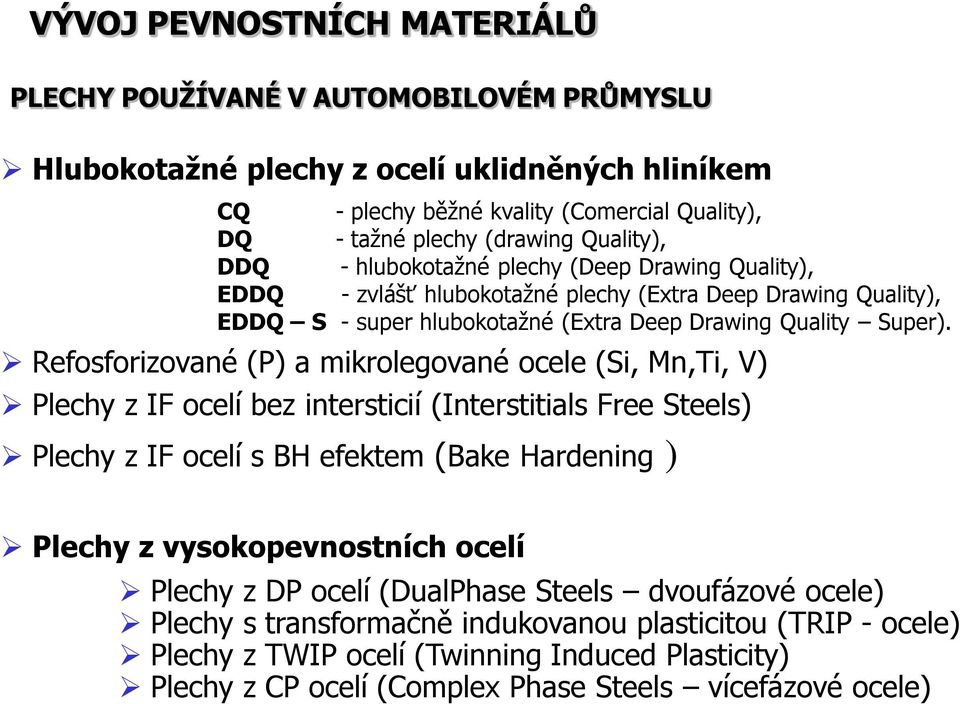 Refosforizované (P) a mikrolegované ocele (Si, Mn,Ti, V) Plechy z IF ocelí bez intersticií (Interstitials Free Steels) Plechy z IF ocelí s BH efektem (Bake Hardening ) Plechy z vysokopevnostních