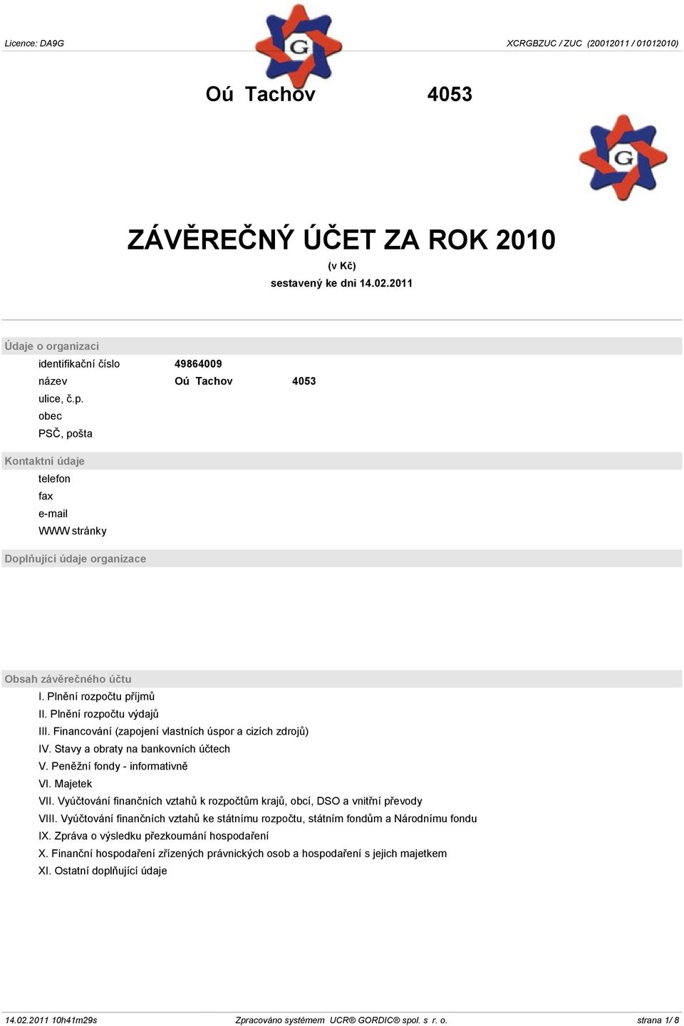 obec PSČ, pošta Kontaktní údaje telefon fax e-mail WWW stránky Doplňující údaje organizace Obsah závěrečného účtu I. Plnění rozpočtu příjmů II. Plnění rozpočtu výdajů III.