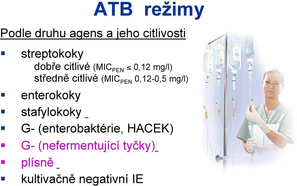 0,12-0,5 mg/l) enterokoky stafylokoky G- (enterobaktérie,