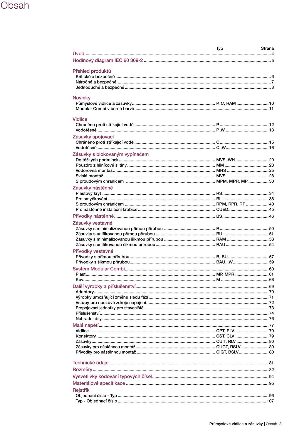 .. MVS..WH... 20 Pouzdro z hliníkové slitiny... MM... 23 Vodorovná montáž... MHS... 25 Svislá montáž... MVS... 28 S proudovým chráničem... MPM, MPR, MP... 30 Zásuvky nástěnné Plastový kryt... RS.