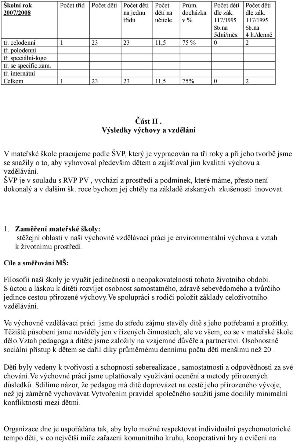 Výsledky výchovy a vzdělání V mateřské škole pracujeme podle ŠVP, který je vypracován na tři roky a při jeho tvorbě jsme se snažily o to, aby vyhovoval především dětem a zajišťoval jim kvalitní