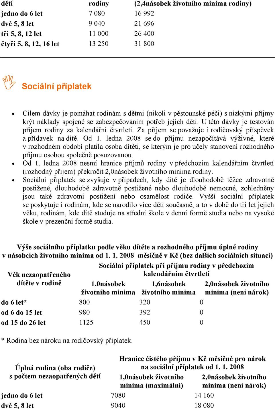 Za příjem se považuje i rodičovský příspěvek a přídavek na dítě. Od 1.