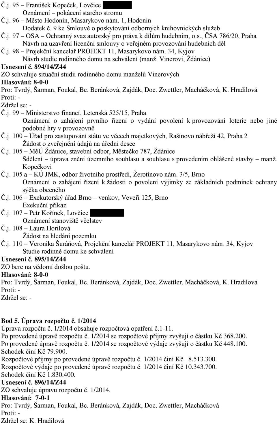 34, Kyjov Návrh studie rodinného domu na schválení (manž. Vinerovi, Ždánice) Usnesení č. 894/14/Z44 ZO schvaluje situační studii rodinného domu manželů Vinerových, K. Hradilová Č.j. 99 Ministerstvo financí, Letenská 525/15, Praha Oznámení o zahájení prvního řízení o vydání povolení k provozování loterie nebo jiné podobné hry v provozovně Č.