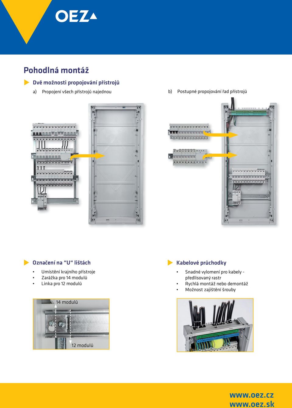 přístroje Zarážka pro 14 modulů Linka pro 12 modulů Snadné vylomení pro kabely předlisovaný