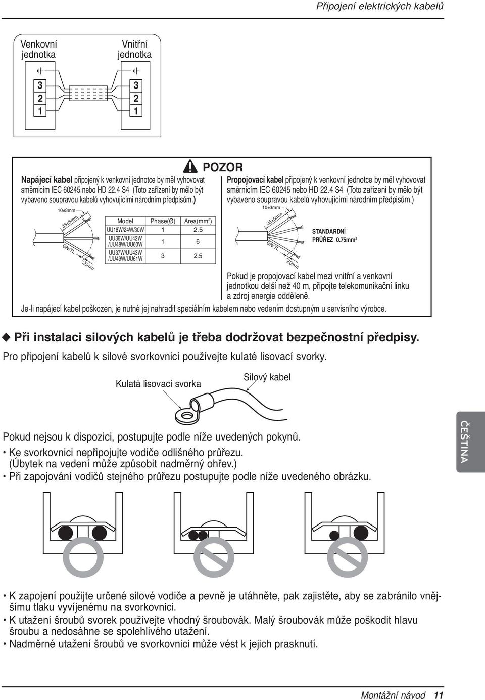 5 UU36W/UU42W /UU48W/UU60W 1 6 UU37W/UU43W /UU49W/UU61W 3 2.5 POZOR Propojovací kabel připojený k venkovní jednotce by měl vyhovovat směrnicím IEC 60245 nebo HD 22.