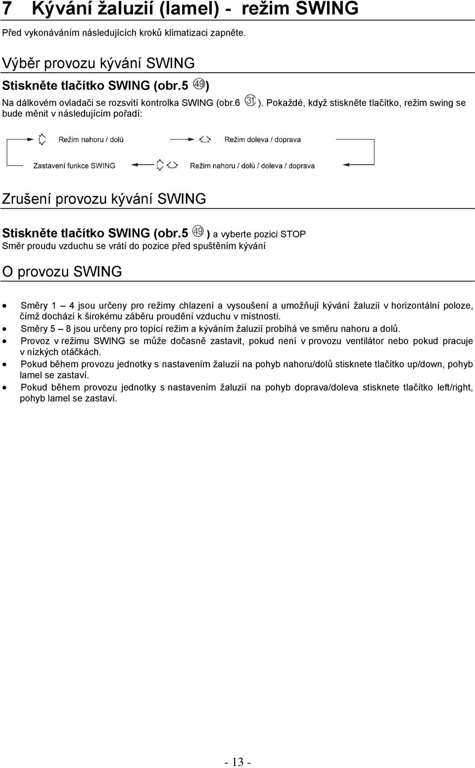 Pokaždé, když stiskněte tlačítko, režim swing se Zrušení provozu kývání SWING Stiskněte tlačítko SWING (obr.