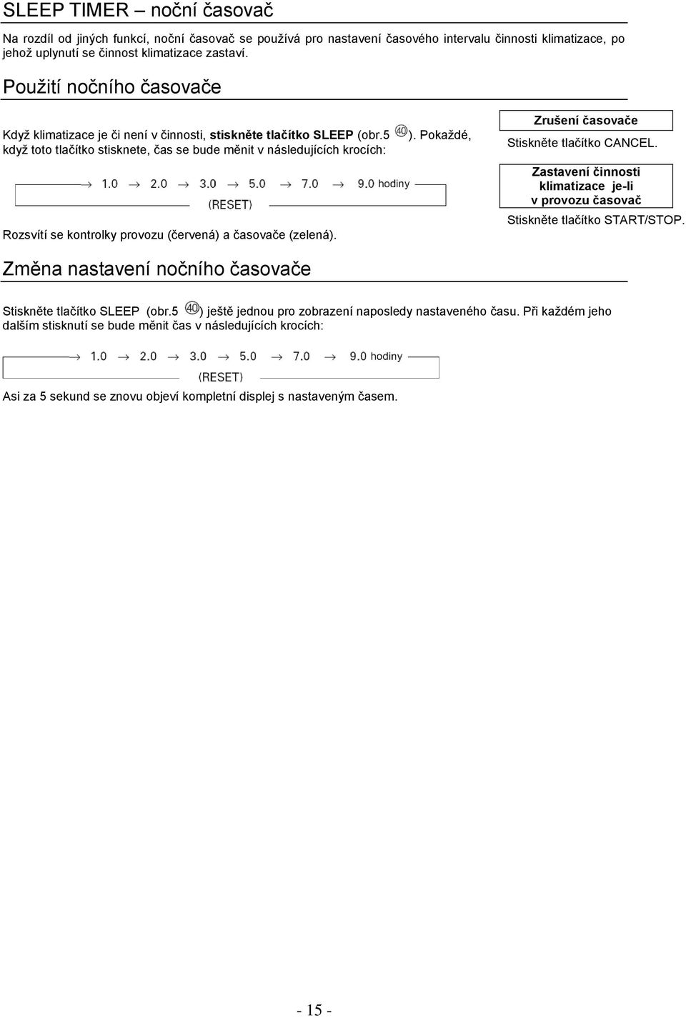 5 když toto tlačítko stisknete, čas se bude měnit v následujících krocích: Rozsvítí se kontrolky provozu (červená) a časovače (zelená). Změna nastavení nočního časovače ).