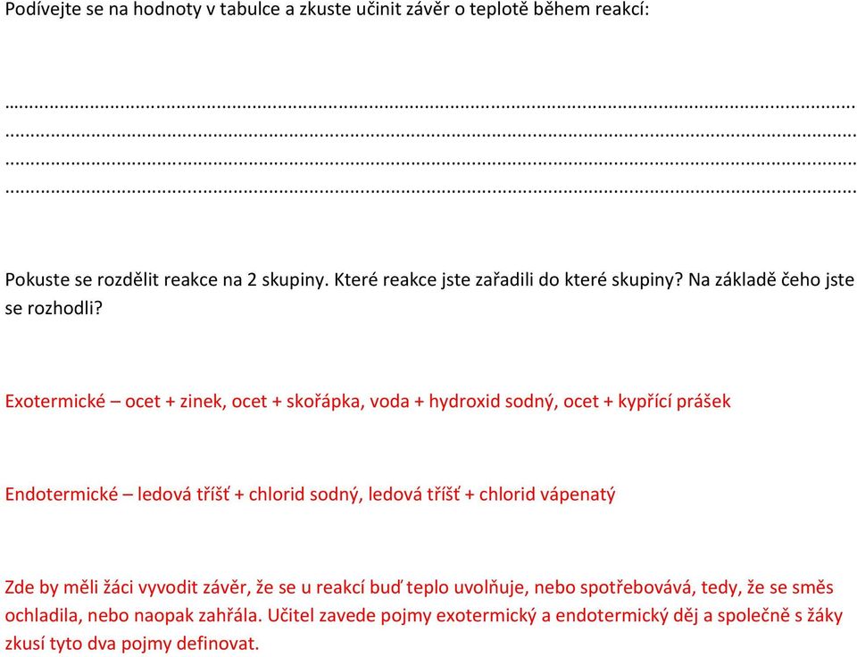 Exotermické ocet + zinek, ocet + skořápka, voda + hydroxid sodný, ocet + kypřící prášek Endotermické ledová tříšť + chlorid sodný, ledová tříšť +