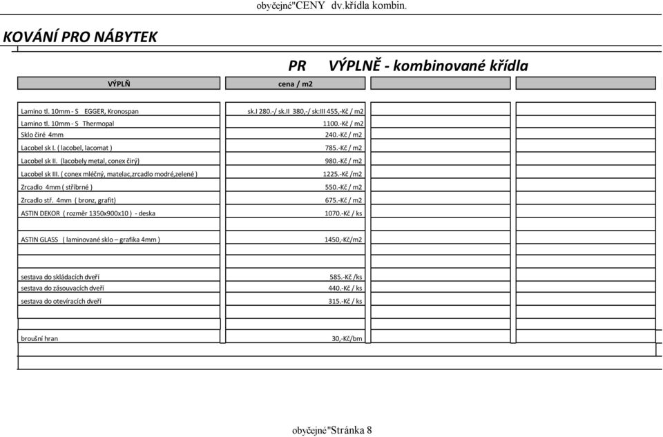 ( conex mléčný, matelac,zrcadlo modré,zelené ) 1225.-Kč /m2 Zrcadlo 4mm ( stříbrné ) 550.-Kč / m2 Zrcadlo stř. 4mm ( bronz, grafit) 675.-Kč / m2 ASTIN DEKOR ( rozměr 1350x900x10 ) - deska 1070.