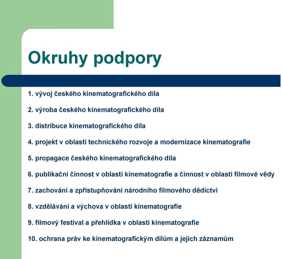 publikační činnost v oblasti kinematografie a činnost v oblasti filmové vědy 7. zachování a zpřístupňování národního filmového dědictví 8.