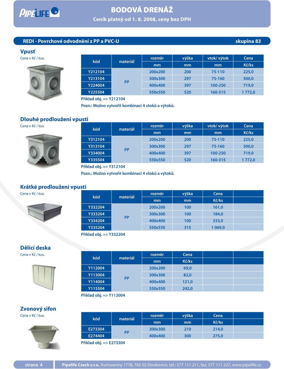 Dlouhé prodloužení vpusti rozměr výška vtok/ výtok Cena mm Y312104 200x200 200 75-110 225,0 Y313104 300x300 297 75-160 500,0 Y334004 400x400 397 100-250 719,0 Y335504 550x550 520 160-315 1 772,0