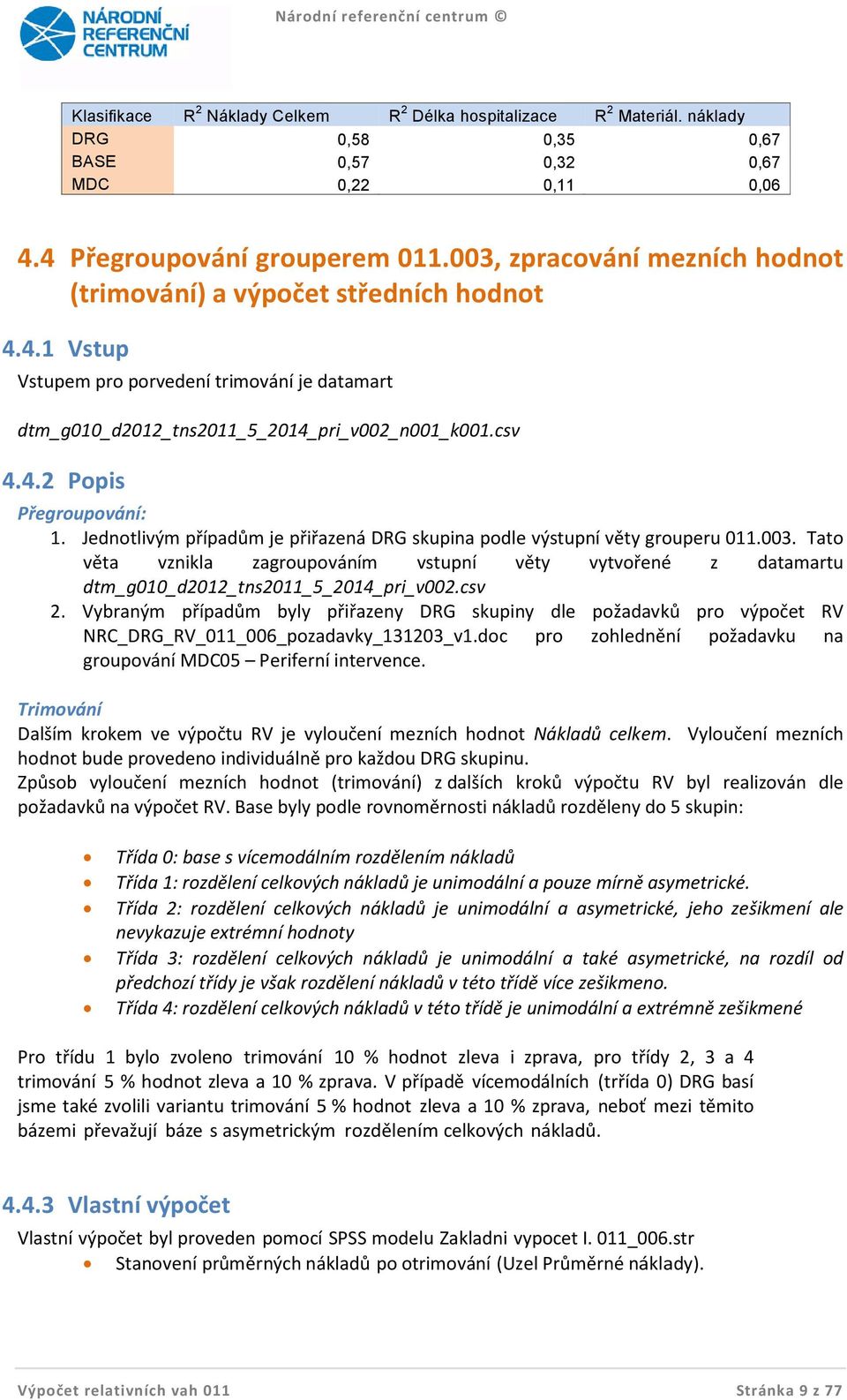 Jednotlivým případům je přiřazená DRG skupina podle výstupní věty grouperu 011.003. Tato věta vznikla zagroupováním vstupní věty vytvořené z datamartu dtm_g010_d2012_tns2011_5_2014_pri_v002.csv 2.
