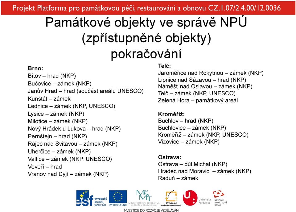 Veveří hrad Vranov nad Dyjí zámek (NKP) Telč: Jaroměřice nad Rokytnou zámek (NKP) Lipnice nad Sázavou hrad (NKP) Náměšť nad Oslavou zámek (NKP) Telč zámek (NKP, UNESCO) Zelená Hora