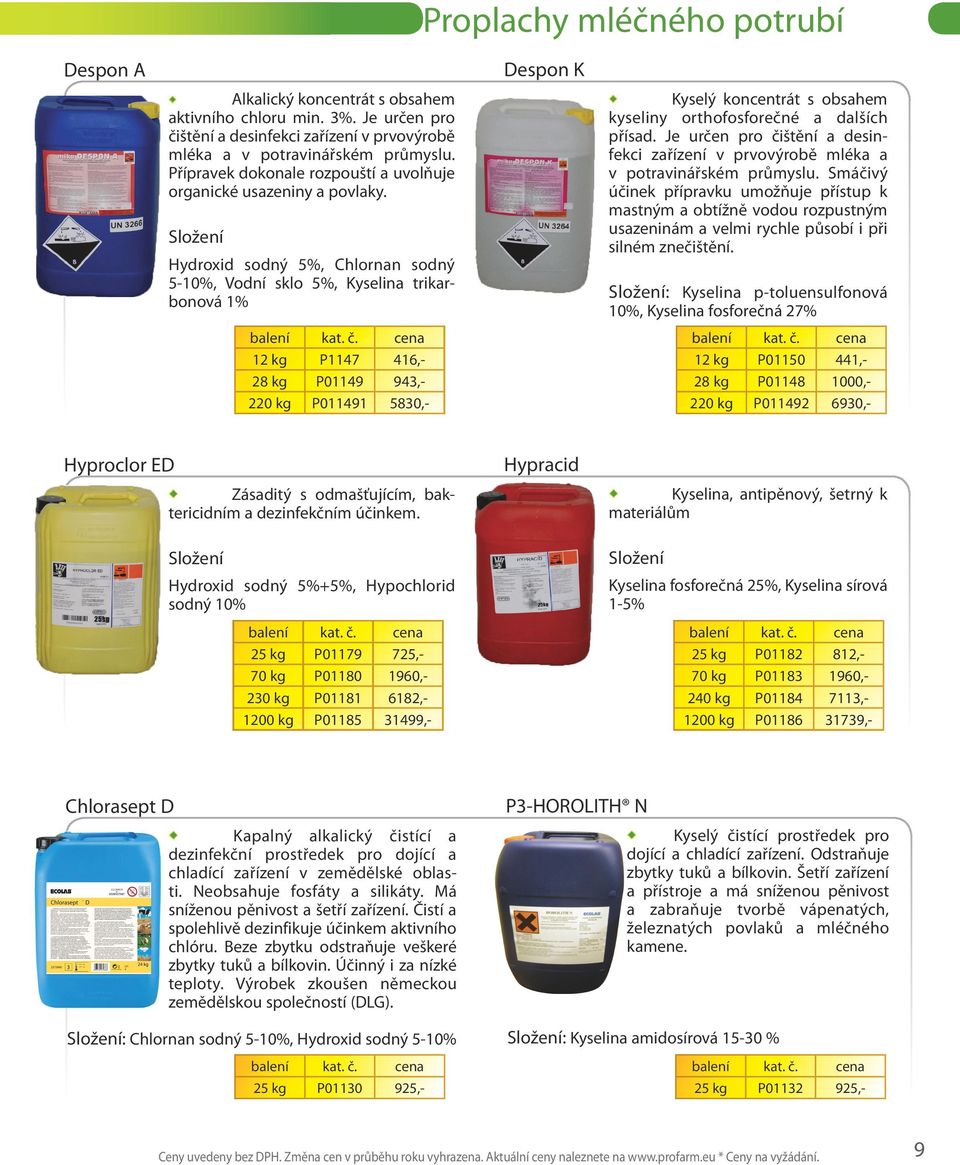 Hydroxid sodný 5%, Chlornan sodný 5-10%, Vodní sklo 5%, Kyselina trikarbonová 1% 12 kg P1147 416,- 28 kg P01149 943,- 220 kg P011491 5830,- Despon K Kyselý koncentrát s obsahem kyseliny