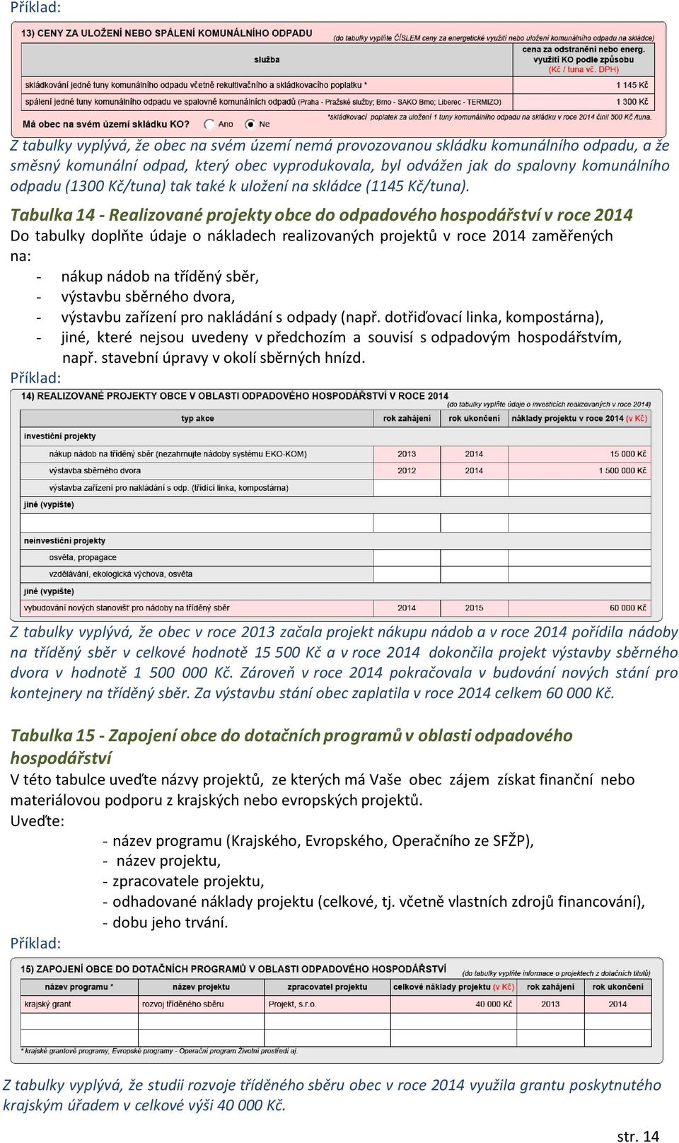 Tabulka 14 - Realizované projekty obce do odpadového hospodářství v roce 2014 Do tabulky doplňte údaje o nákladech realizovaných projektů v roce 2014 zaměřených na: - nákup nádob na tříděný sběr, -