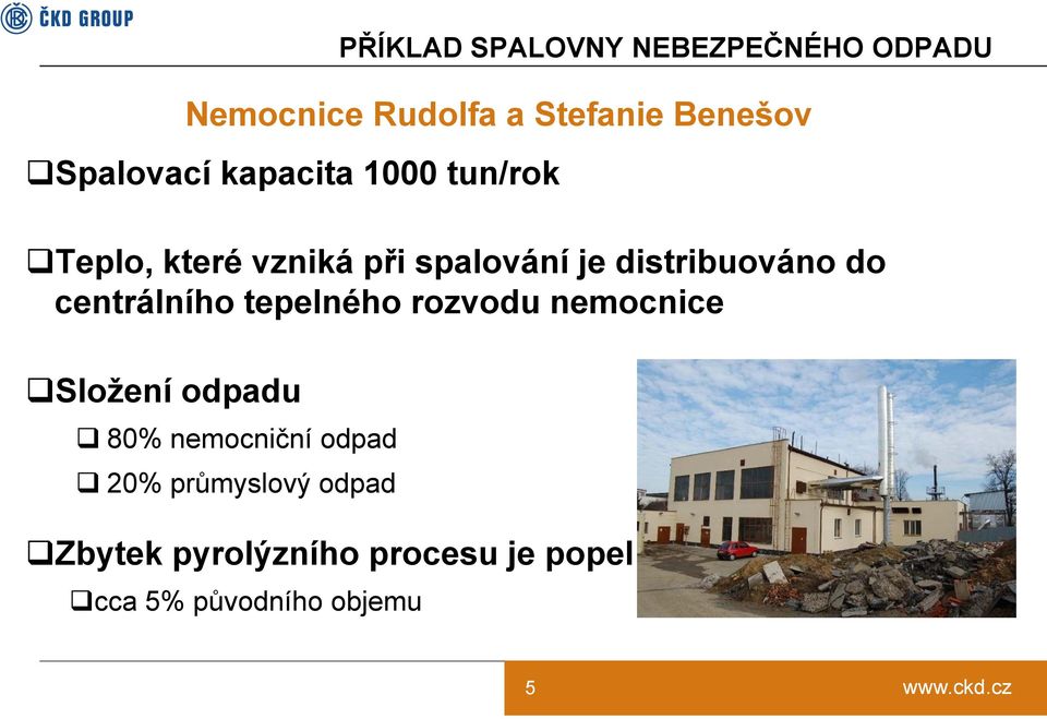 distribuováno do centrálního tepelného rozvodu nemocnice Složení odpadu 80%