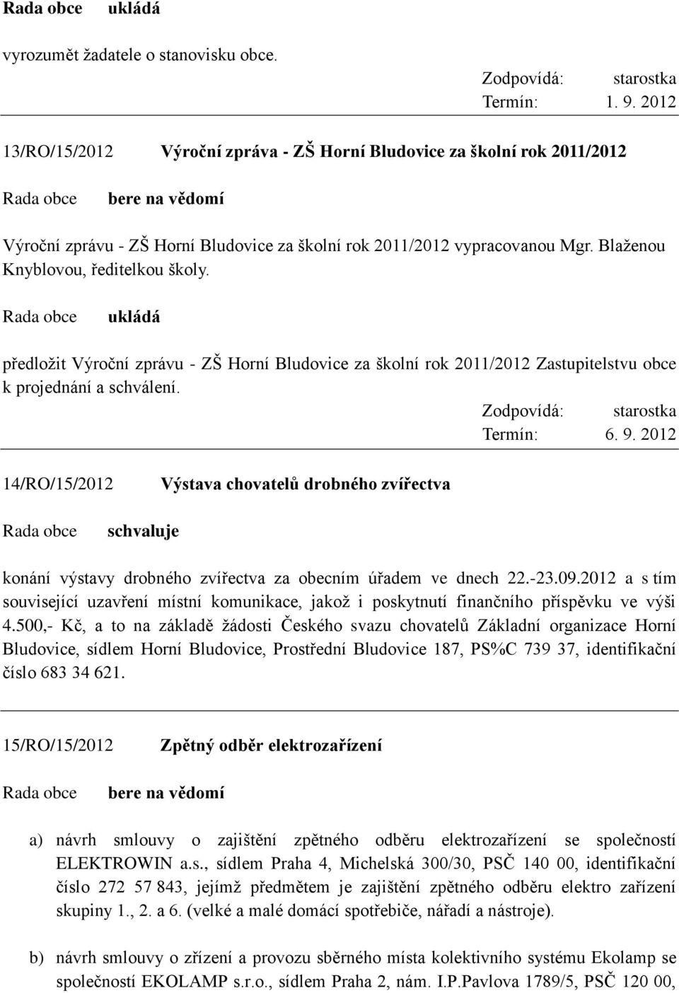 předložit Výroční zprávu - ZŠ Horní Bludovice za školní rok 2011/2012 Zastupitelstvu obce k projednání a schválení. Termín: 6. 9.