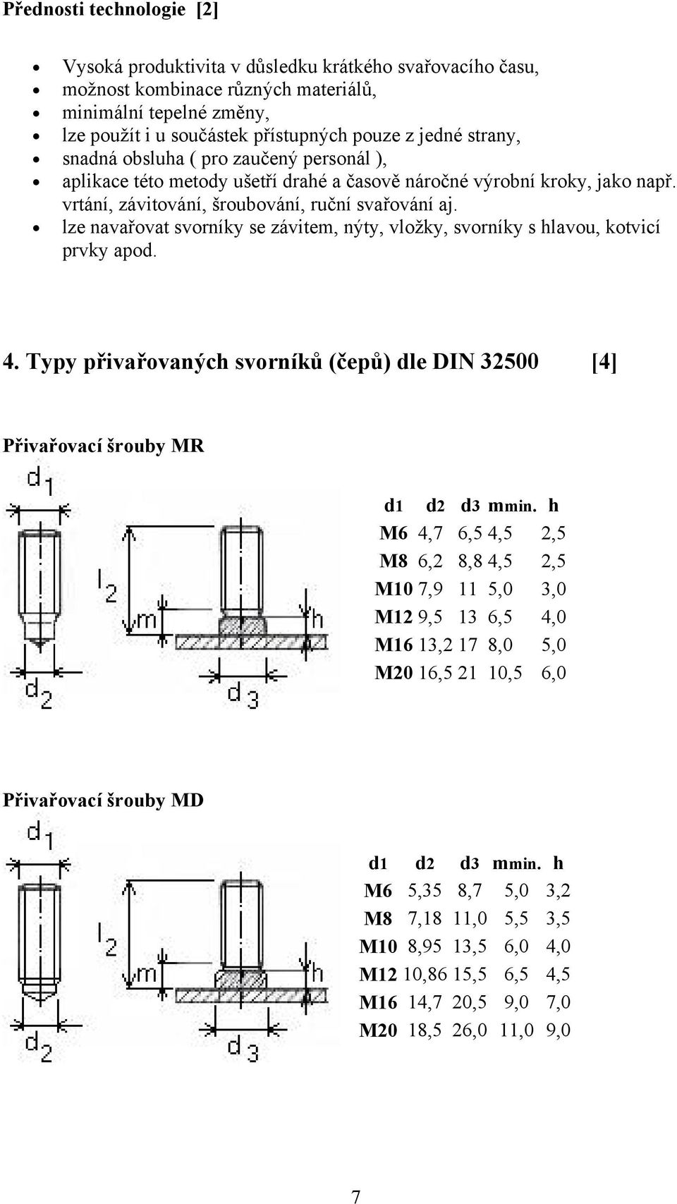 lze navařovat svorníky se závitem, nýty, vložky, svorníky s hlavou, kotvicí prvky apod. 4. Typy přivařovaných svorníků (čepů) dle DIN 32500 [4] Přivařovací šrouby MR d1 d2 d3 mmin.