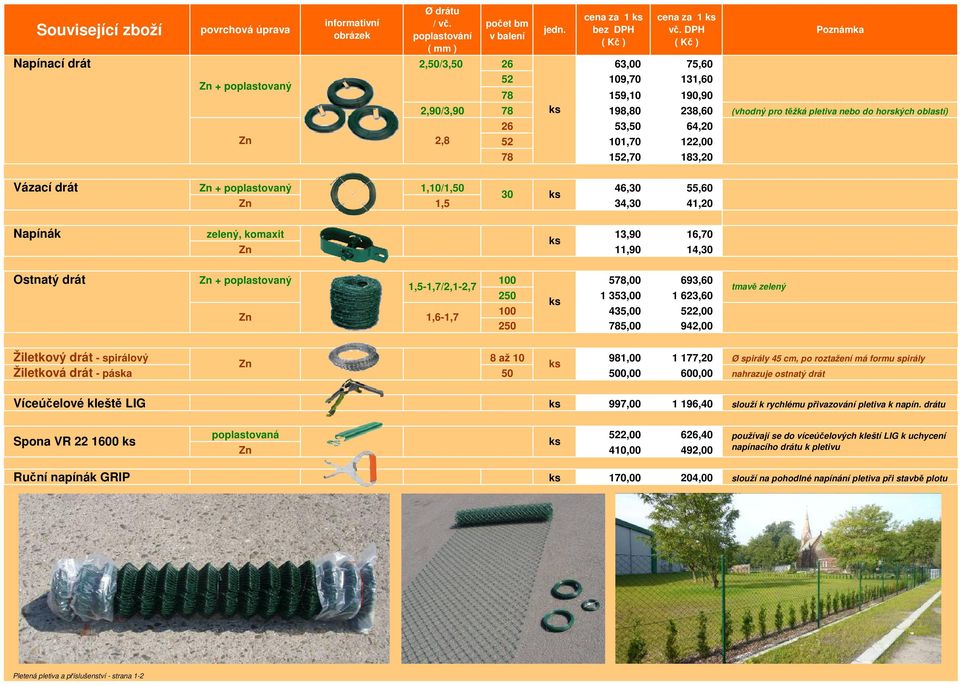 101,70 122,00 78 152,70 183,20 Vázací drát 1,10/1,50 46,30 55,60 30 1,5 34,30 41,20 2,8 Napínák zelený, komaxit 13,90 16,70 11,90 14,30 Ostnatý drát 100 578,00 693,60 1,5-1,7/2,1-2,7 250 1 353,00 1
