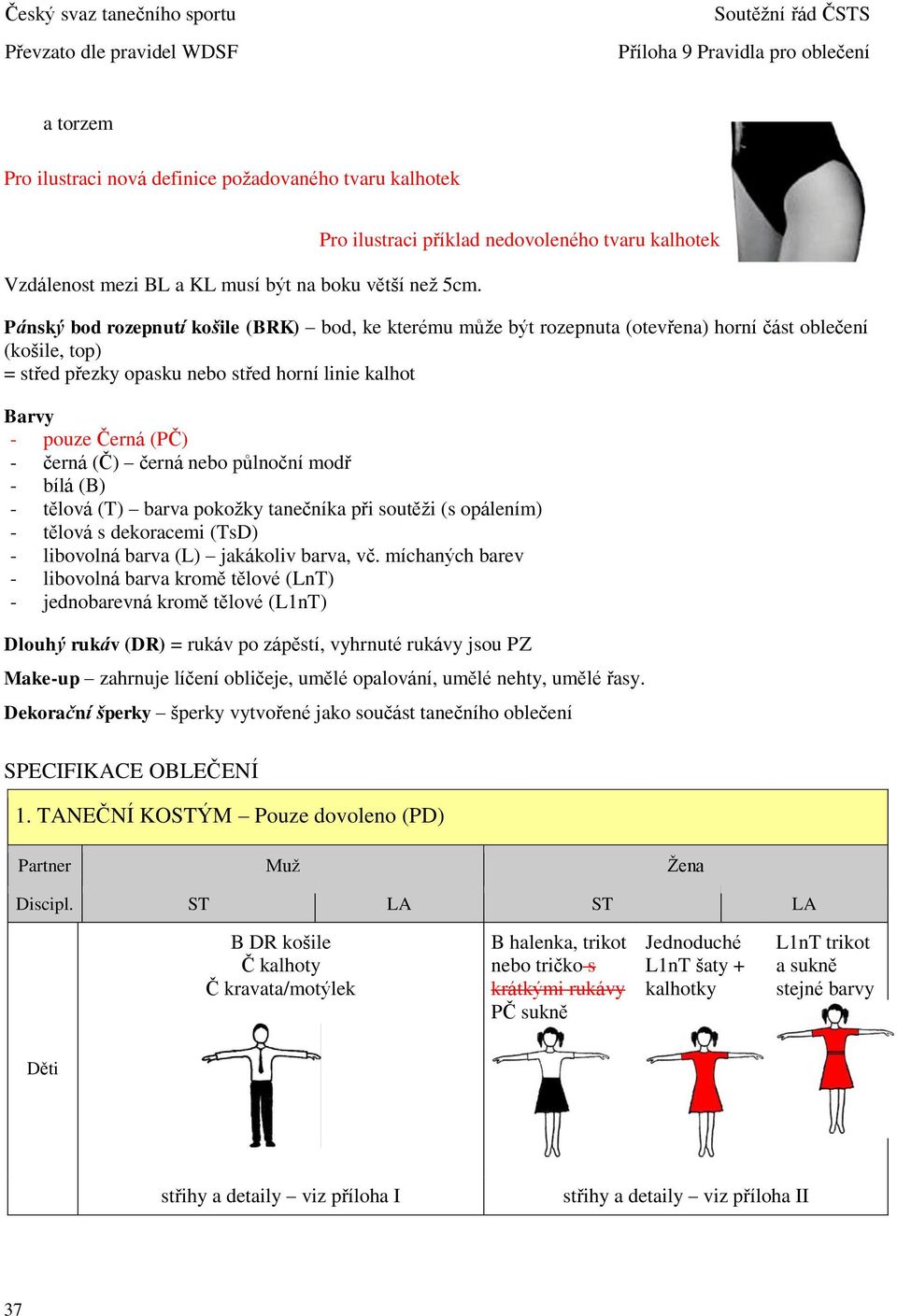 horní linie kalhot Barvy - pouze Černá (PČ) - černá (Č) černá nebo půlnoční modř - bílá (B) - tělová (T) barva pokožky tanečníka při soutěži (s opálením) - tělová s dekoracemi (TsD) - libovolná barva