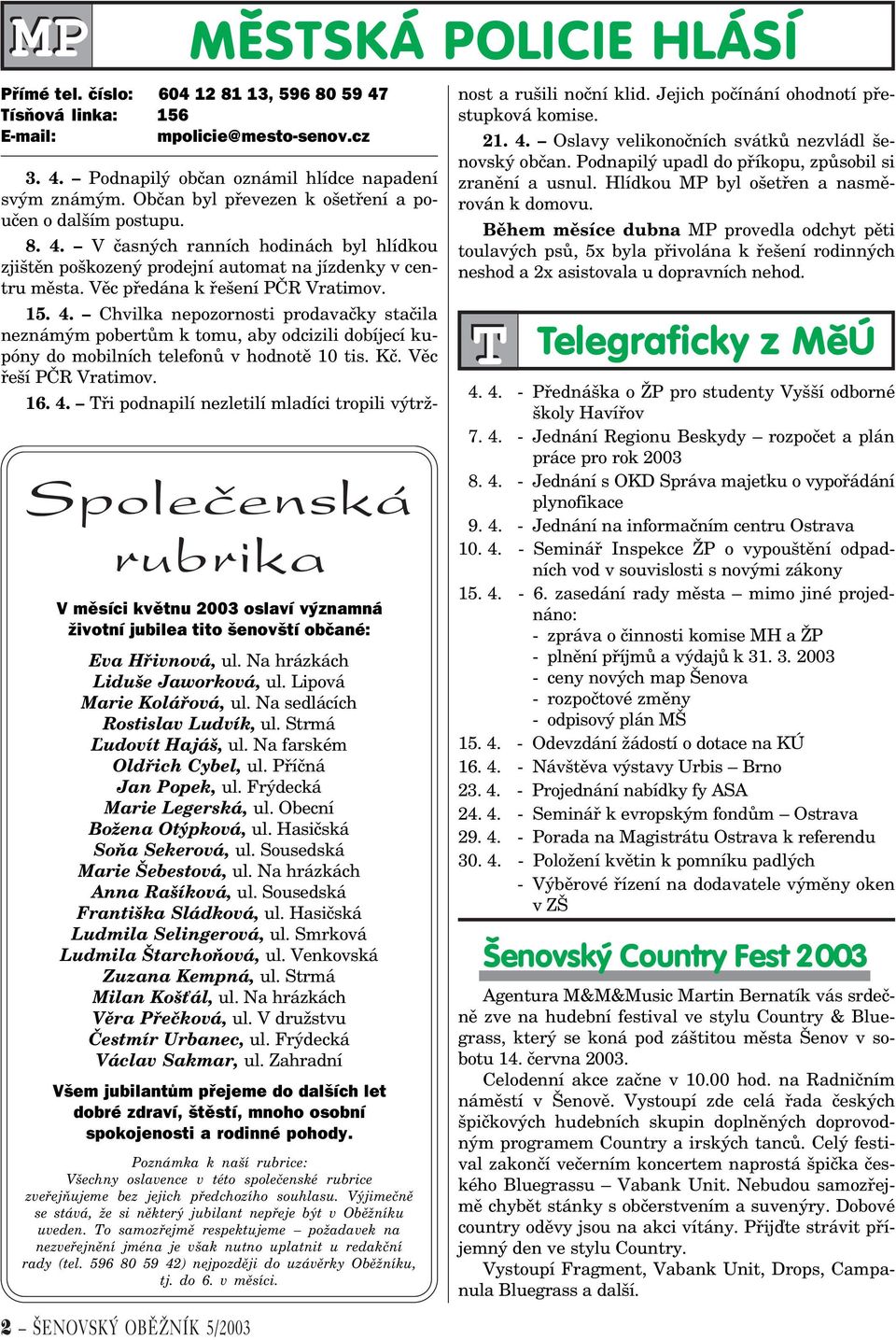 Na sedlácích Rostislav Ludvík, ul. Strmá ¼udovít Hajáš, ul. Na farském Oldøich Cybel, ul. Pøíèná Jan Popek, ul. Frýdecká Marie Legerská, ul. Obecní Božena Otýpková, ul. Hasièská Soòa Sekerová, ul.