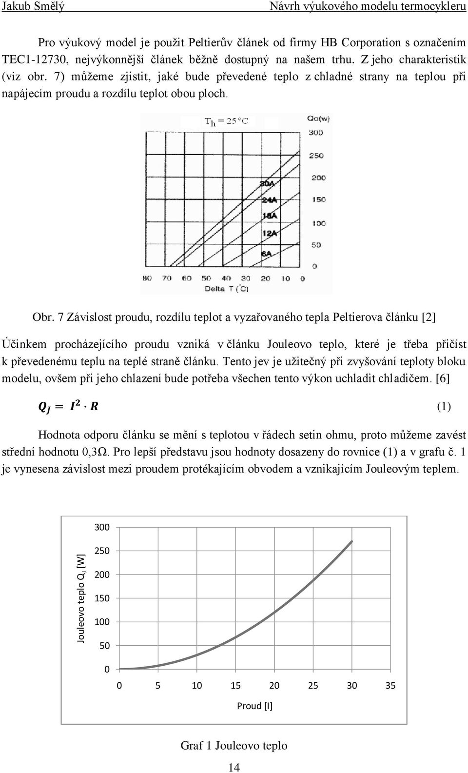 7 Závislost proudu, rozdílu teplot a vyzařovaného tepla Peltierova článku [2] Účinkem procházejícího proudu vzniká v článku Jouleovo teplo, které je třeba přičíst k převedenému teplu na teplé straně