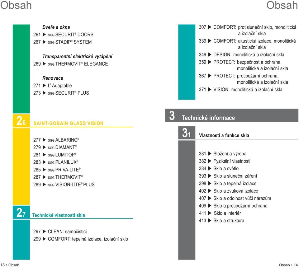 ochrana, 359 PROTECT: monolitická a izolační skla 367 PROTECT: protipožární ochrana, 367 PROTECT: monolitická a izolační skla 371 VISION: monolitická a izolační skla 26 SAINT-GOBAIN GLASS VISION 277