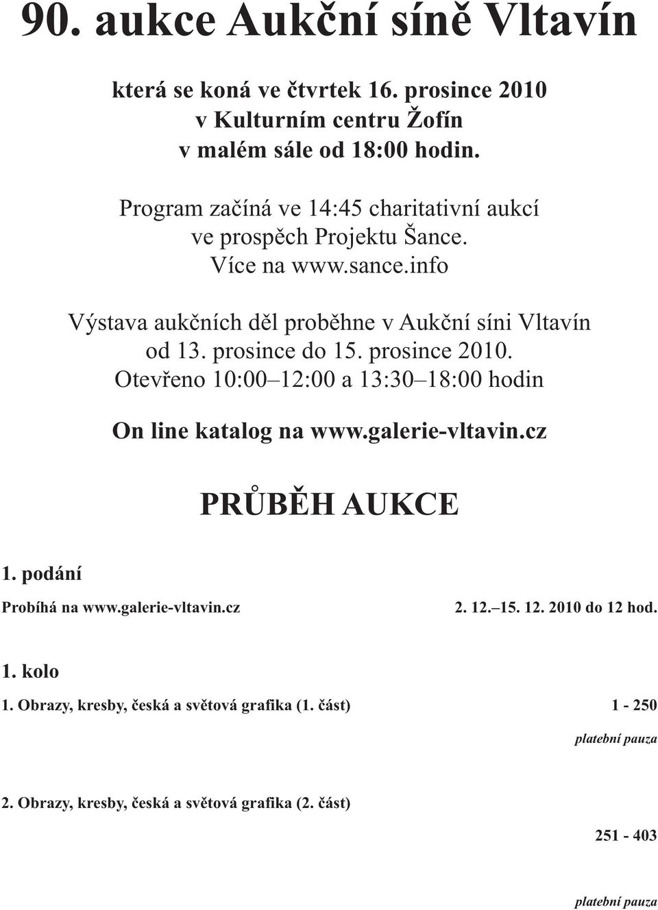 prosince do 15. prosince 2010. Otevřeno 10:00 12:00 a 13:30 18:00 hodin On line katalog na www.galerie-vltavin.cz PRŮBĚH AUKCE 1. podání Probíhá na www.