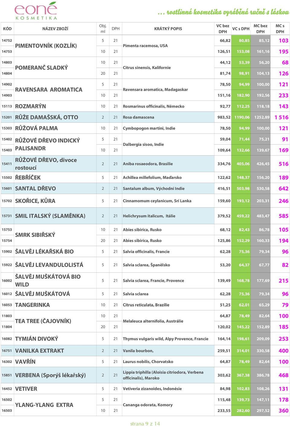 233 15113 ROZMARÝN 10 21 Rosmarinus officinalis, Německo 92,77 112,25 118,18 143 15201 RŮŽE DAMAŠSKÁ, OTTO 2 21 Rosa damascena 983,52 1190,06 1252,89 1 516 15303 RŮŽOVÁ PALMA 10 21 Cymbopogon