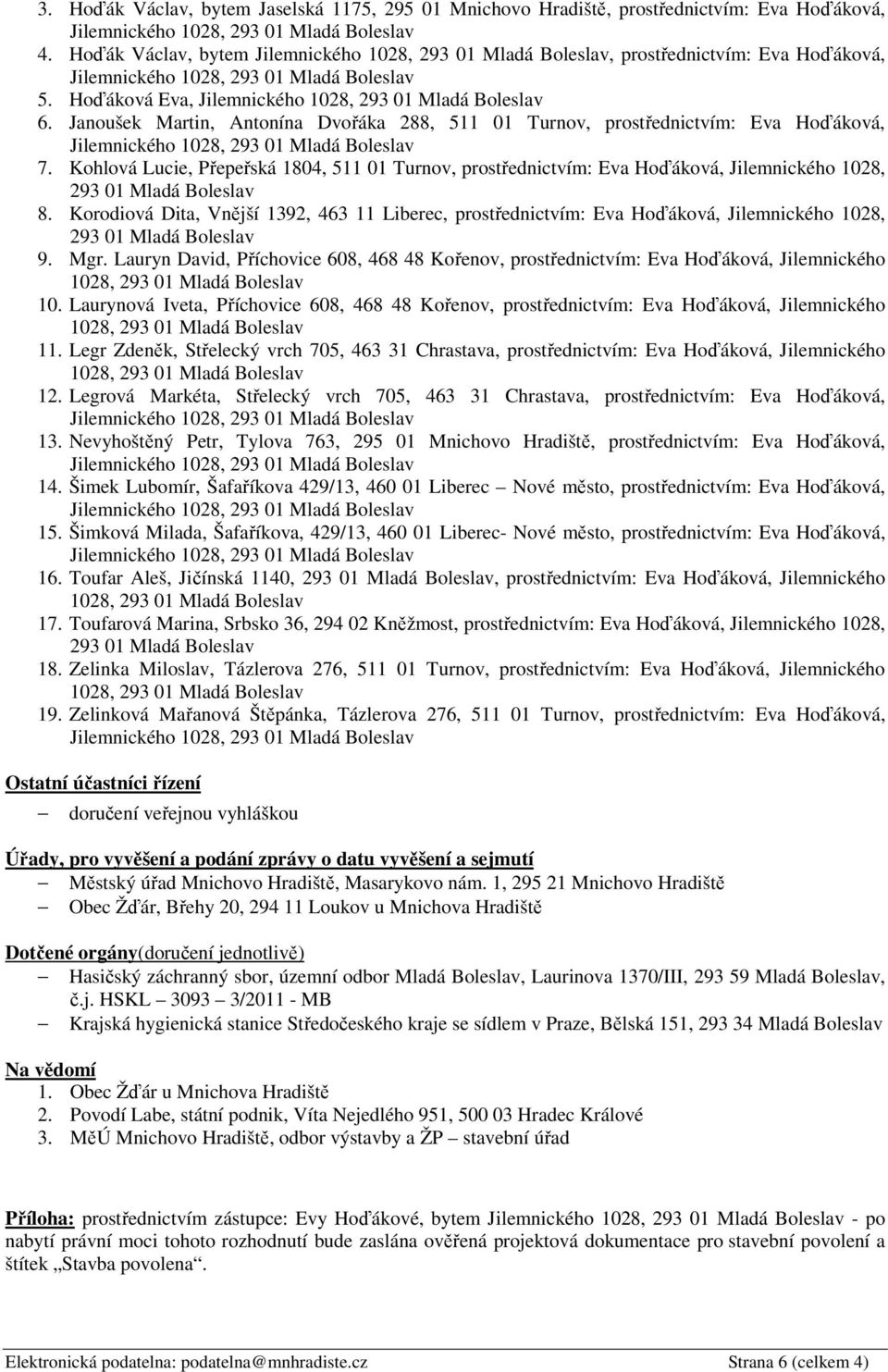 Kohlová Lucie, Přepeřská 1804, 511 01 Turnov, prostřednictvím: Eva Hoďáková, Jilemnického 1028, 293 01 Mladá Boleslav 8.