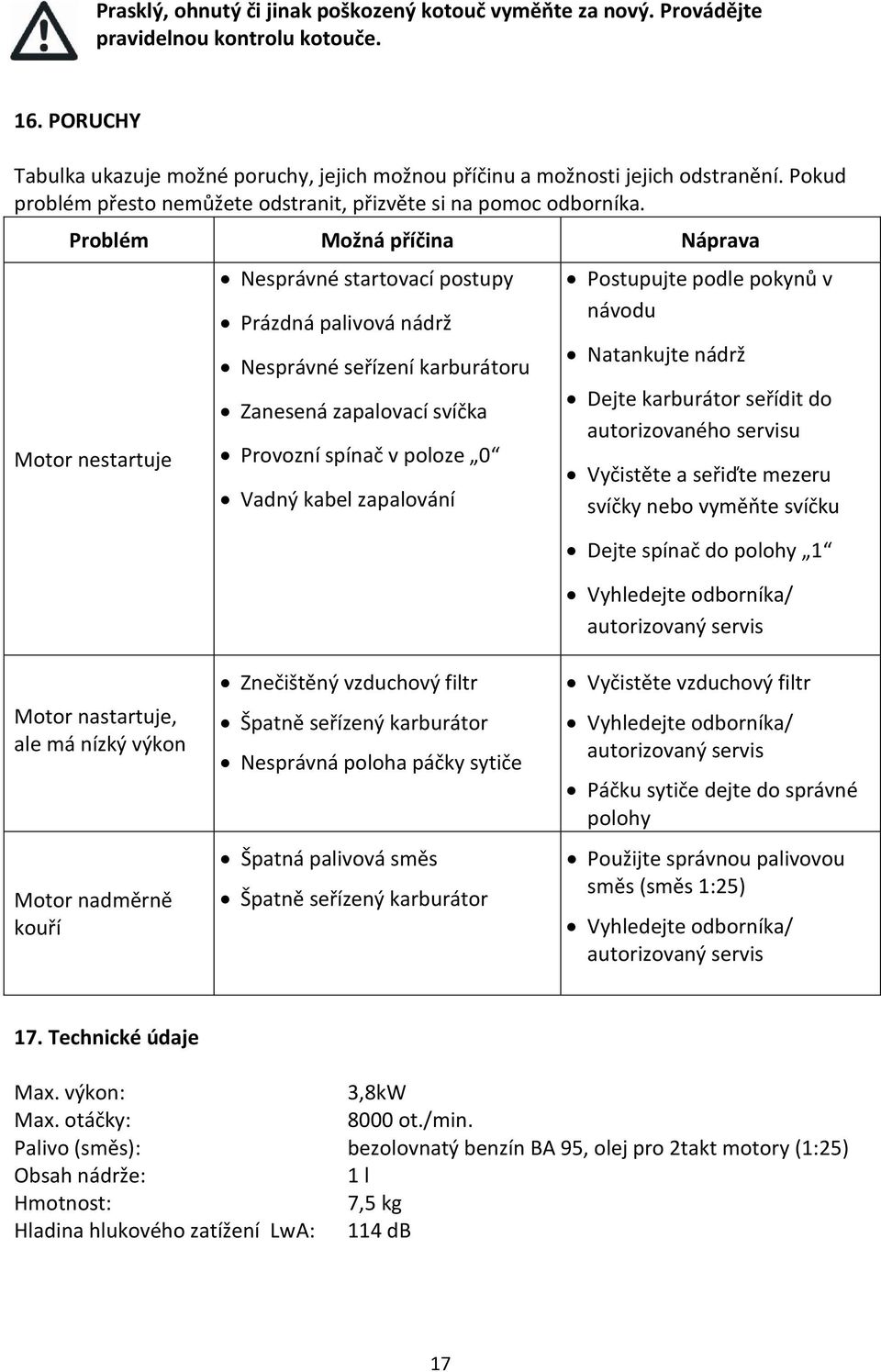 Problém Možná příčina Náprava Motor nestartuje Nesprávné startovací postupy Prázdná palivová nádrž Nesprávné seřízení karburátoru Zanesená zapalovací svíčka Provozní spínač v poloze 0 Vadný kabel