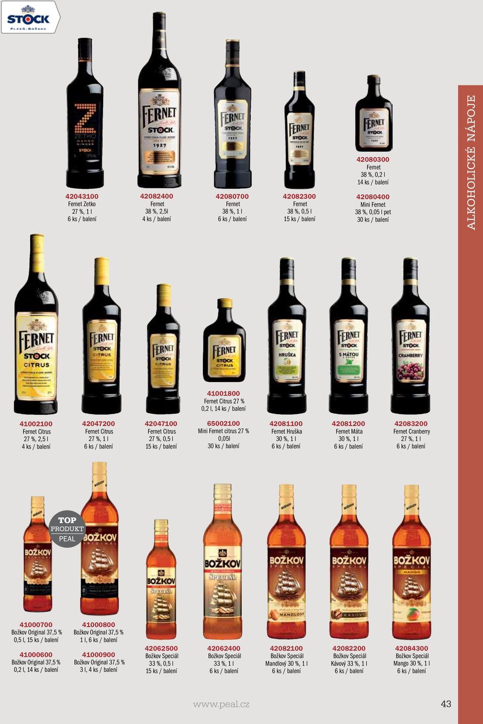 Fernet Citrus 27 %, 0,5 l 15 ks / balení 65002100 Mini Fernet citrus 27 % 0,05l 30 ks / balení 42081100 Fernet Hruška 30 %, 1 l 42081200 Fernet Máta 30 %, 1 l 42083200 Fernet Cranberry 27 %, 1 l