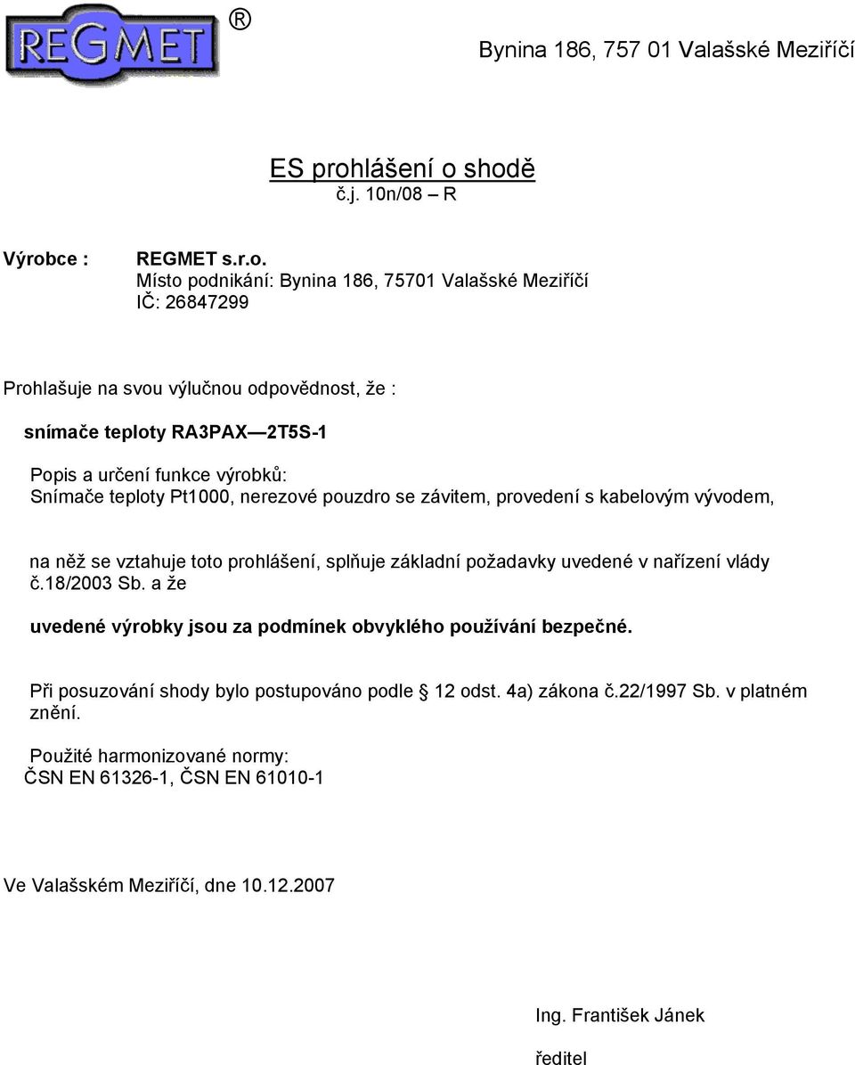 Snímače teploty Pt1000, nerezové pouzdro se