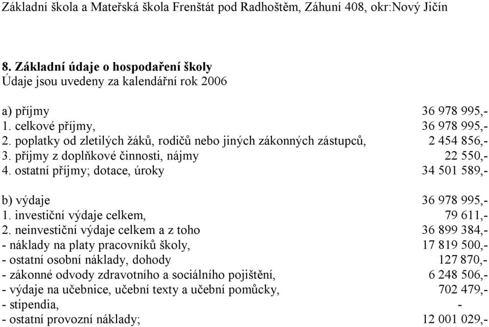 ostatní příjmy; dotace, úroky 34 501 589,- b) výdaje 36 978 995,- 1. investiční výdaje celkem, 79 611,- 2.