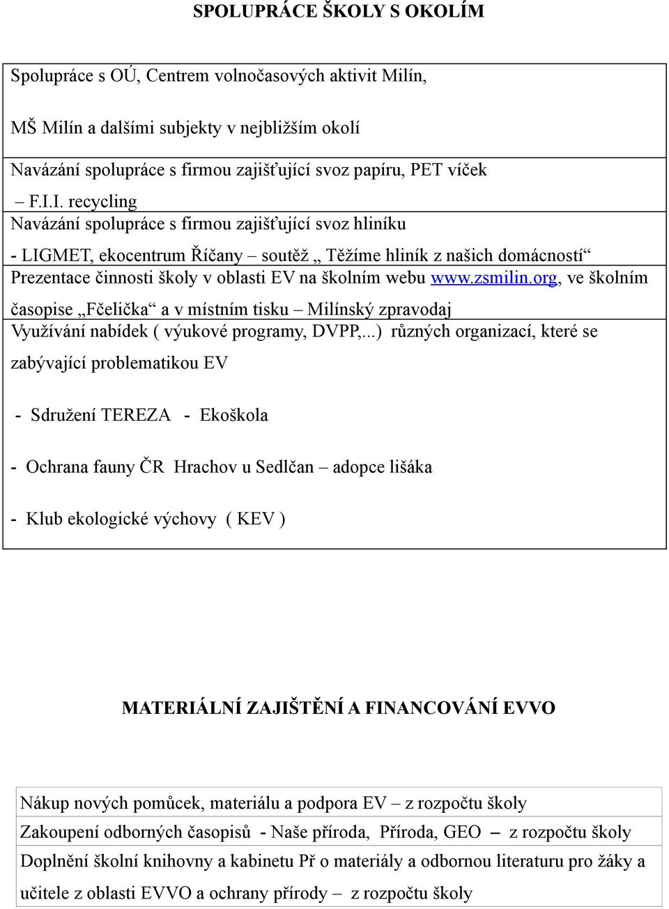 zsmilin.org, ve školním časopise Fčelička a v místním tisku Milínský zpravodaj Využívání nabídek ( výukové programy, DVPP,.