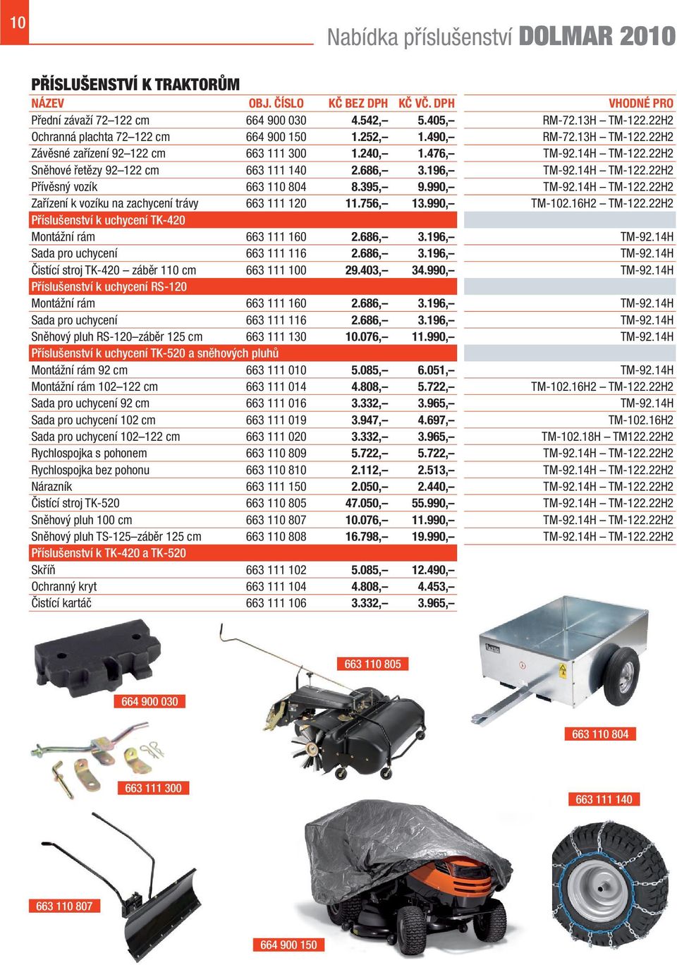 686, 3.196, TM-92.14H TM-122.22H2 Přívěsný vozík 663 110 804 8.395, 9.990, TM-92.14H TM-122.22H2 Zařízení k vozíku na zachycení trávy 663 111 120 11.756, 13.990, TM-102.16H2 TM-122.