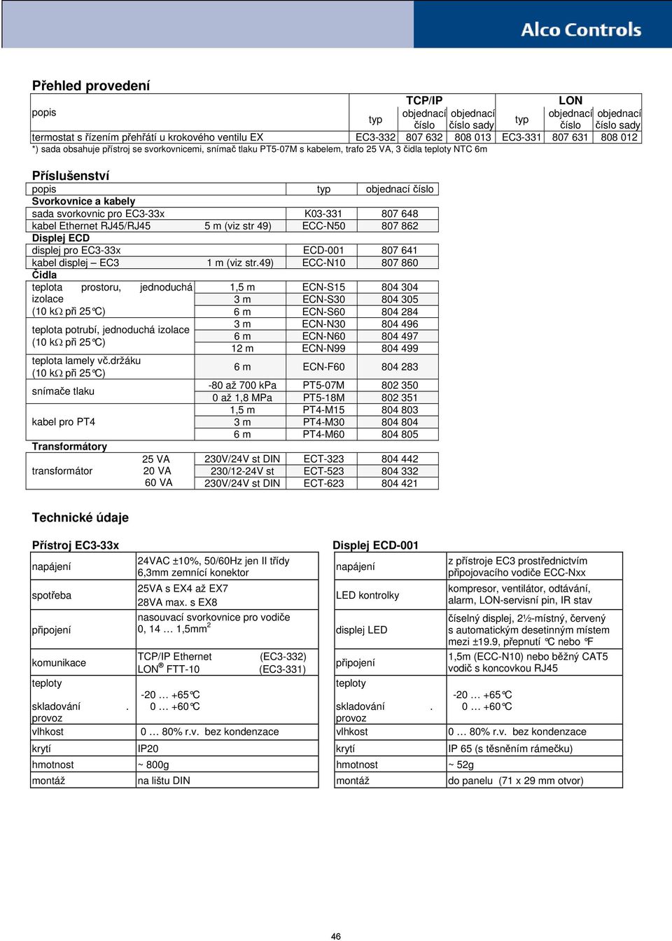 teploty NTC 6m Příslušenství popis typ objednací číslo Svorkovnice a kabely sada svorkovnic pro EC3-33x K03-331 807 648 kabel Ethernet RJ45/RJ45 5 m (viz str 49) ECC-N50 807 862 Displej ECD displej