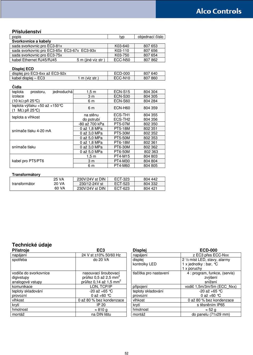 ) ECC-N10 807 860 Čidla teplota prostoru, jednoduchá 1,5 m ECN-S15 804 304 izolace 3 m ECN-S30 804 305 (10 kω při 25 C) 6 m ECN-S60 804 284 teplota výtlaku +50 až +150 C (1 MΩ při 25 C) 6 m ECN-H60