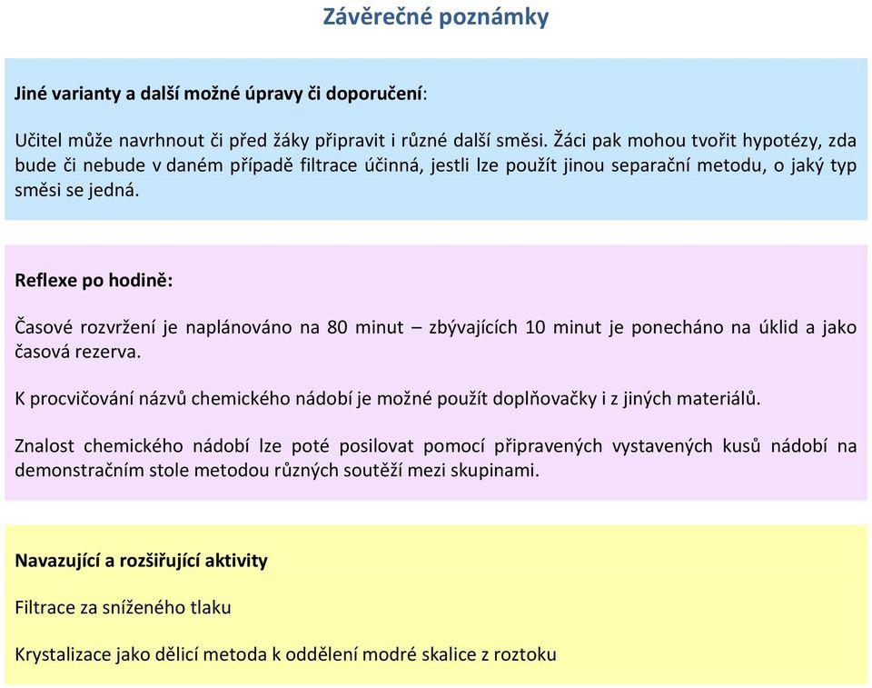 Reflexe po hodině: Časové rozvržení je naplánováno na 80 minut zbývajících 10 minut je ponecháno na úklid a jako časová rezerva.